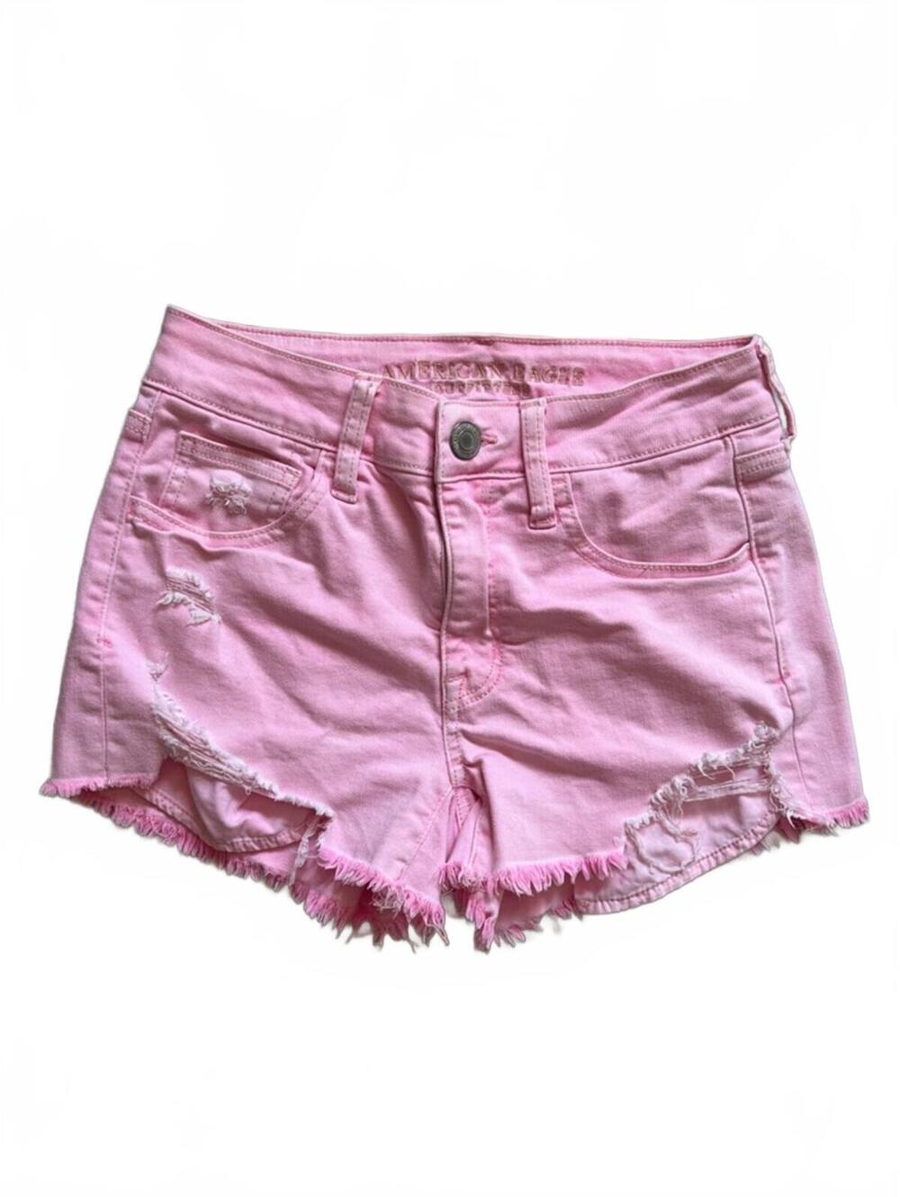 American Eagle High Rise Pink Distressed Denim Shorts Size 2 Boho Indie